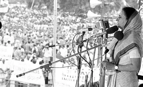 Indira Gandhi, the first and only woman Prime Minister of India, addresses a gathering during the Emergency Period. | Express Archives