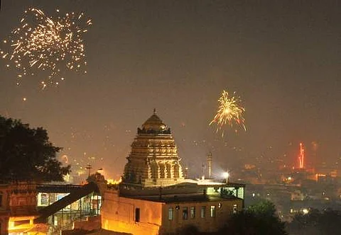 Fireworks light up night sky on Diwali, atop the Indrakeeladri in Vijayawada on Sunday | p ravindra babu