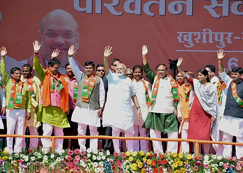 Prime Minister Narendra Modi at an election rally at Rohaniya in Varanasi. (PTI)