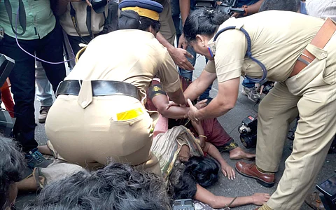 Police forcibly removed and arrested Mahija, deceased Nehru college student Jishnu Prannoy’s mother who, with some others, attempted to stage a protest demanding the arrest of those responsible for Jishnu’s death. ( File photo | EPS)