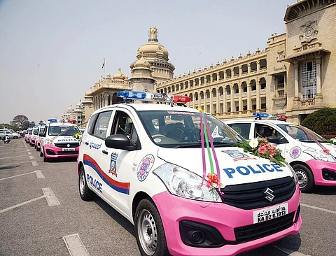 Chief Minister Siddaramaiah flagged off the Pink Hoysalas from Vidhana Soudha on Monday. Ministers G Parameshwara and Roshan Baig, MLA Dinesh Gundu Rao and DG&IGP R K Dutta were also present | express