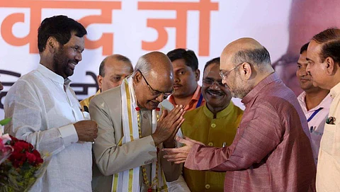 President-elect Ram Nath Kovind acknowledges the greeting of BJP president Amit Shah in New Delhi on Thursday | Express Photo by Shekhar Yadav