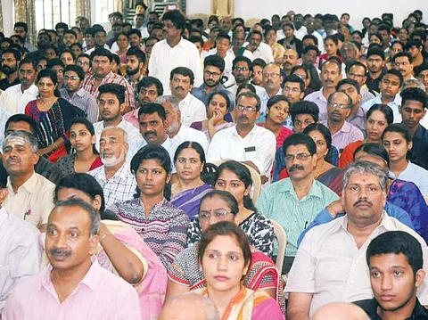 Students at JSS Law College’s orientation for freshers in Mysuru on Tuesday