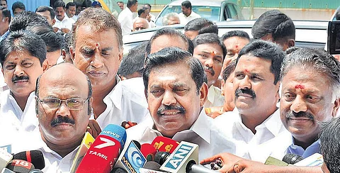 CM Edappadi K Palaniswami, with Deputy CM O Panneerselvam & minister D Jayakumar, speaks to media after the verdict at AIADMK office in Chennai on Thursday  | d sampath kumar