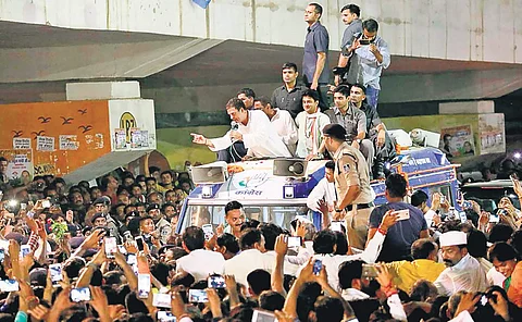 Congress chief Rahul Gandhi with senior leaders Kamal Nath and Jyotiraditya Scindia during his campaign in Madhya Pradesh  | TWITTER pic courtesy: OFFICE OF KAMAL NATH