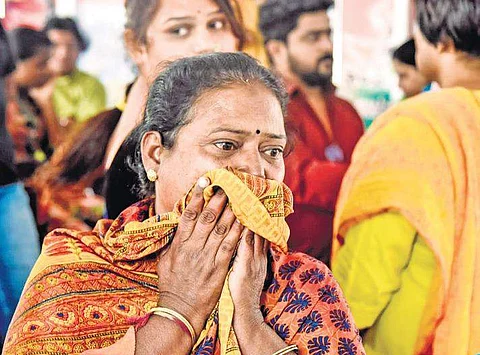 Chandramukhi’s mother Ananthamma crying during a press conference at BLF office in Hyderabad on Wednesday | Vinay Madapu