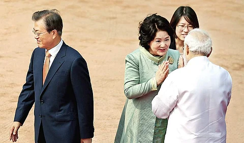 South Korean First Lady Kim Jung-sook greets Prime Minister Narendra Modi as she and President Moon Jae-in leave after ceremonial reception at Rashtrapati Bhavan. (File photo | Shekhar Yadav)