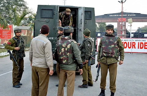 Jammu Security personnel takes positions during a militants attack Sunjuwan Army camp in Jammu on Saturday, 10 February 2018. (PTI)