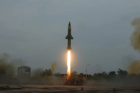 Prithvi-II missile being test fired from ITR off the Odisha coast. Photo: EPS