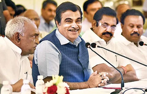 Union Minister Nitin Gadkari, Minister of State Pon Radhakrishnan and CM Edappadi K Palaniswami at a review meeting in Chennai on Sunday | Express