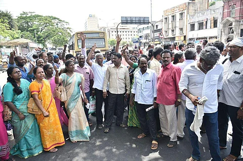 Members of JACTO protest on Mount Road on Tuesday in Chennai. (Express / P Jawahar)