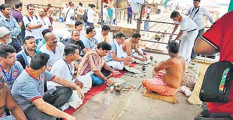 The men performing pind daan at Manikarnika Ghaat in Varanasi  | Express