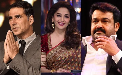 (L-R) Akshay Kumar, Madhuri Dixit and Mohanlal (Photos | File)