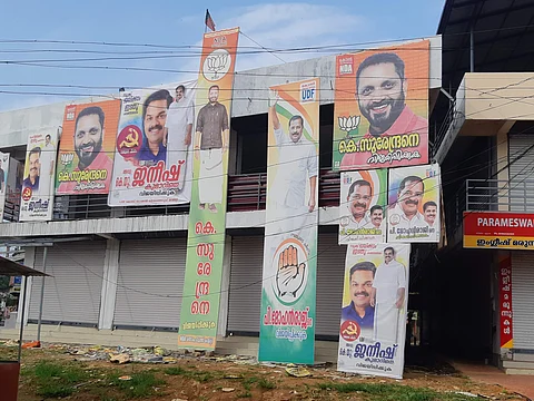 Flex boards of all three prominent fronts in bypoll-bound Konni (Photo | Bechu S)