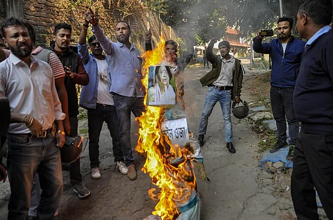 An effigy burnt during a protest against the Citizenship Amendment Bill in Guwahati. (File | PTI)