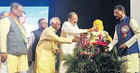 V-P M Venkaiah Naidu, Himachal Pradesh’s Governor Bandaru Dattatraya at the 100th birth anniversary of late CM Dr M Channa Reddy in Hyderabad on Sunday.