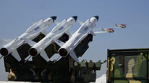 Medium-range mobile surface-to-air missile defense system Akash at Yelahanka airbase in Bengaluru.