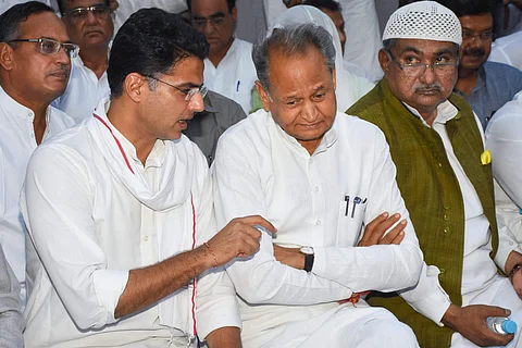 Rajasthan Chief Minister Ashok Gehlot with Rajasthan Pradesh Congress Committee president and Deputy Chief Minister Sachin Pilot during an Iftar party in Jaipur Tuesday June 4 2019. | (File | PTI)