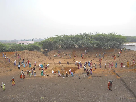 People working under MGNREGA rural employment scheme in Tiruchy, Tamil Nadu. (Express Photo)