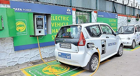 An electric vehicle replenishing charge at stations set up by Tata Power. (Photo | EPS)