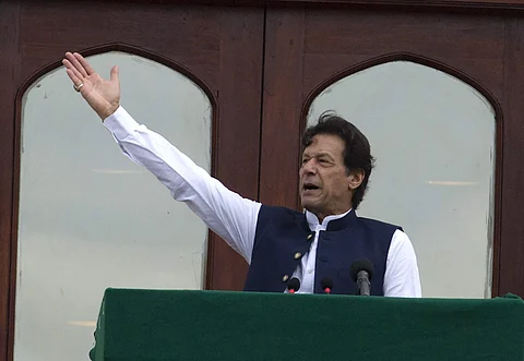 Pakistani Prime Minister Imran Khan addresses a Kashmir rally at the Prime Minister office in Islamabad, Pakistan. (Photo | AP)