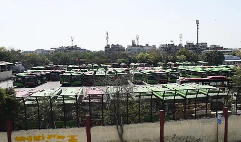 Buses are seen parked at East Vinod Nagar Bus Depot after lockdown in New Delhi. (Photo | Parveen Negi, EPS )