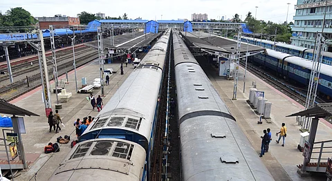 Aerial view of trains waiting in Thiruvananthapuram Railway Station, Kerala. (File Photo | EPS)