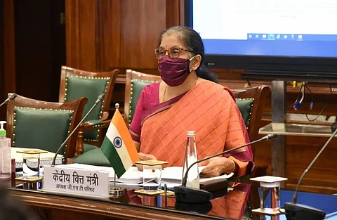 Union Finance Minister Nirmala Sitharaman seen chairing a meeting through video conferencing from her office at North Block in New Delhi. (Photo | PTI)