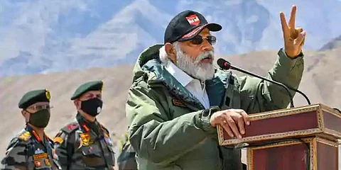 PM Narendra Modi addresses the Indian troops during his visit to the forward post in Ladakh. (Photo | PTI)