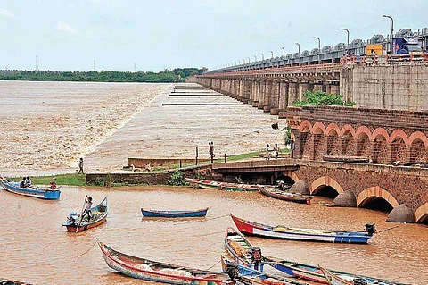 Flood water released into the sea from Sir Arthur Cotton Barrage at Dowleswaram. (Photo | Express)