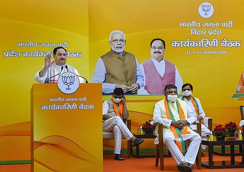 BJP National President JP Nadda addresses virtual Bihar BJP Karyasamiti meeting in New Delhi Sunday Aug 23 2020. (Photo | PTI)