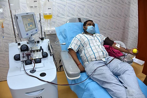 A person donating plasma at Rajiv Gandhi Government General Hospital, after India’s second national-level plasma bank was opened in Chennai. (Photo | R Satish Babu, EPS)