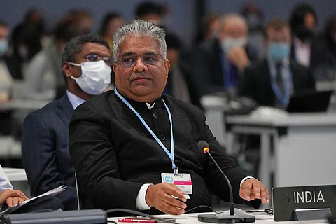 Indian minister for Environment and Climate Change Bhupender Yadav attends a stocktaking plenary session at the COP26 U.N. Climate Summit in Glasgow. (Photo | AP)