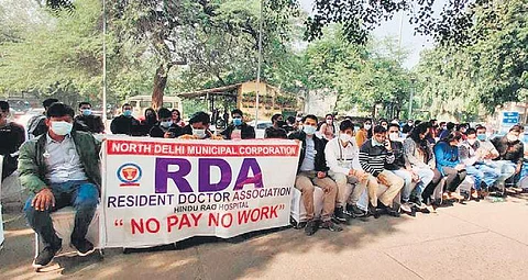 Bara Hindu Rao Hospital doctors protesting over non-payment of salaries