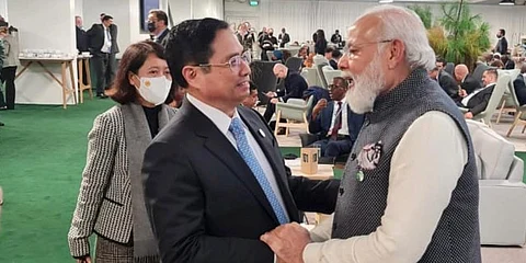 PM Narendra Modi (R) with Vietnam counterpart Pham Minh Chinh. (Photo| Twitter/ @AmbHanoi)