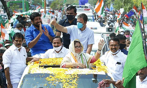 Congress leader Rahul Gandhi attends a road show on the beach road in Kozhikode. (Photo | T P Sooraj, EPS)