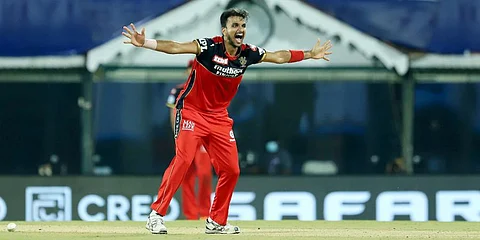 RCB's Harshal Patel appeals for the wicket during match 1 of the Vivo Indian Premier League 2021 against Mumbai Indians. (Photo | ANI)