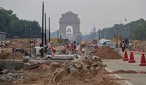 Construction work underway as part of the Central Vista Redevelopment Project, at Rajpath in New Delhi. (File photo| PTI)