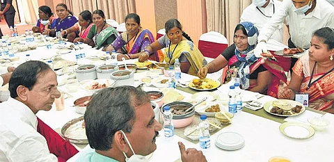 In this file photo, Chief Minister K Chandrasekhar Rao has lunch with villagers from Huzurabad after an interactive session on the Dalit Bandhu scheme, at Pragathi Bhavan. (File photo | Express)