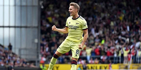 Arsenal's Martin Odegaard celebrates scoring. (Photo | AP)