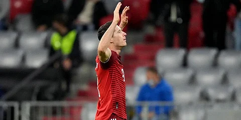 Bayern Munich's Robert Lewandowski celebrates after scoring. (Photo | AP)
