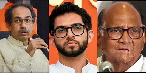 Shiv Sena leaders Uddhav Thackeray, Aaditya Thackeray and NCP chief Sharad Pawar. (Photo | PTI)