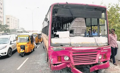 The bus that caused a pile-up near Central in Chennai on Monday morning | Express