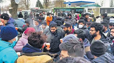 Indian students stuck in Sumy on their way to Poltava on Tuesday.(Photo | PTI)