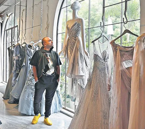 Gaurav Gupta (below) at his store in Delhi; (right) models showcasing the new diamond collection. (Photo| arun kumar, EPS)