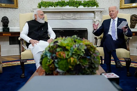 US President Joe Biden and Indian Prime Minister Narendra Modi. (Photo | AP)