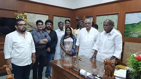 Boney Kapoor and Chief Minister N Rangasamy at his chamber in Puducherry . ( Photo | EPS)