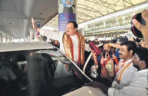 BJP chief Nadda enters Hyderabad with a big bang, holds rally