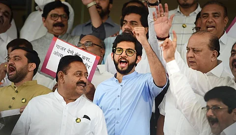 Shiv Sena leader Aaditya Thackeray with other opposition leaders protests at Vidhan Bhavan on the last day of Monsoon Session of Maharashtra Assembly.