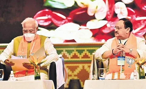 Prime Minister Narendra Modi and BJP national president JP Nadda during a meeting. (File Photo | Vinay Madapu, EPS)